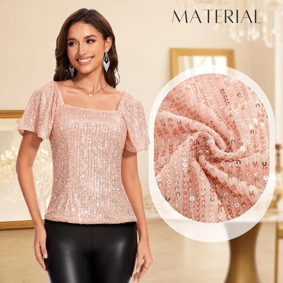 Women's Sparkly Sequin Tops Short Sleeve Glitter Dressy Blouses Square Neck Club - Picture 4 of 7